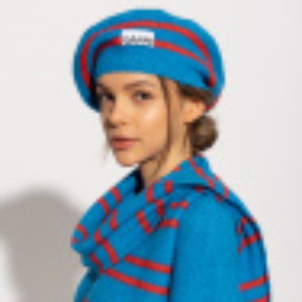 GANNI red and blue striped Merino/Alpaca wool beanie